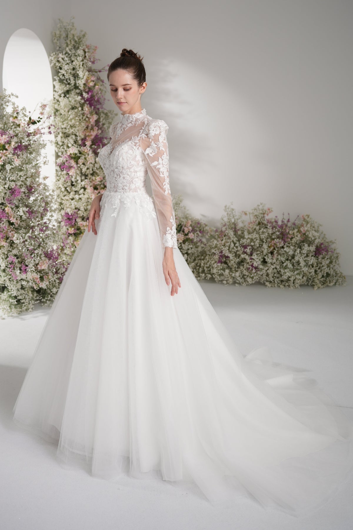 A-line High Neck Long Sleeves Mesh Full Lace Luxury Wedding Dress With Court Train