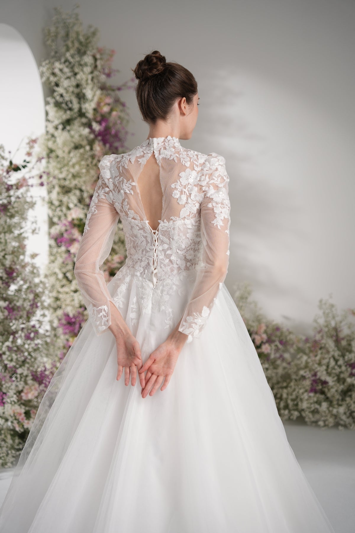 A-line High Neck Long Sleeves Mesh Full Lace Luxury Wedding Dress With Court Train