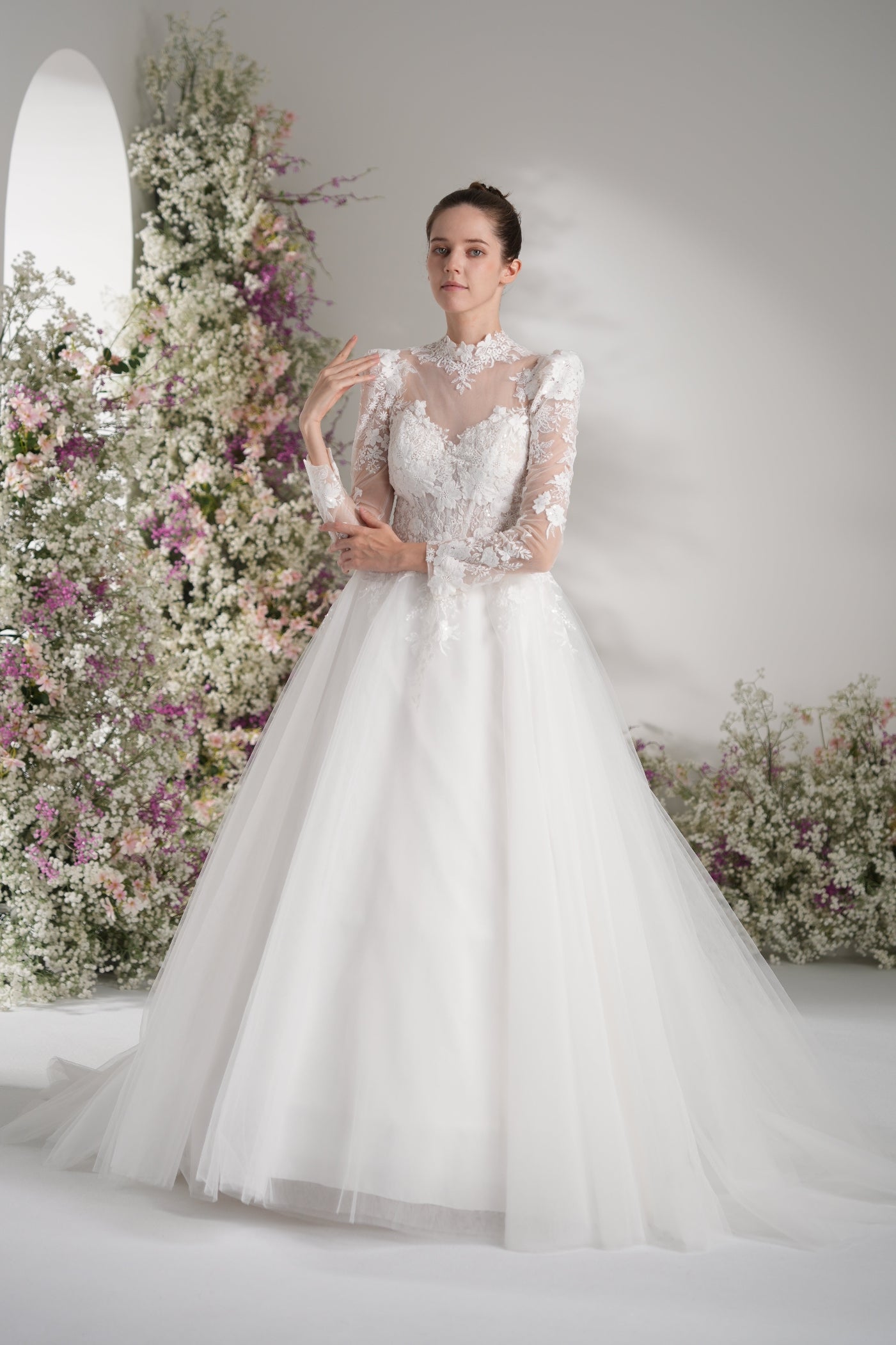 mesh sleeve wedding dress A-line High Neck Long Sleeves Mesh Full Lace Luxury Wedding Dress With – Kexindaidd boutique store