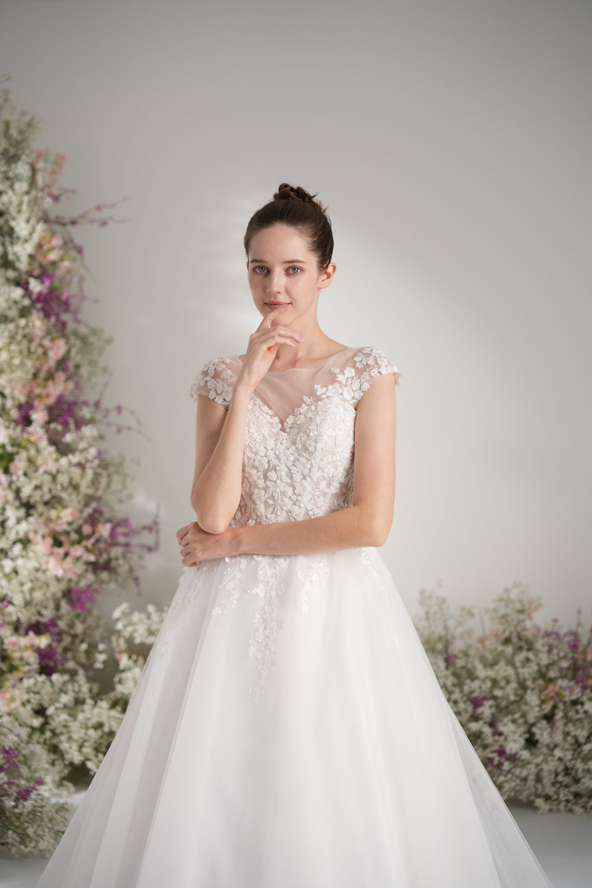 A-line Lllusion Neck Heavy Beading And Full Lace Mesh Elegant Wedding Dress With Court Train