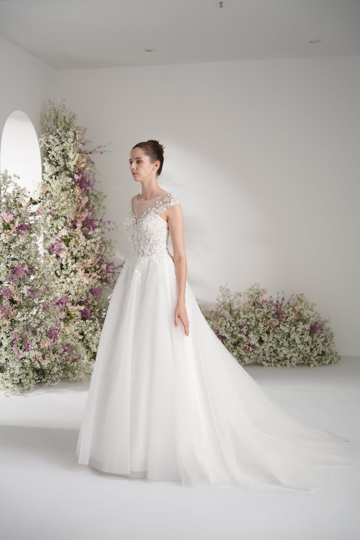 A-line Lllusion Neck Heavy Beading And Full Lace Mesh Elegant Wedding Dress With Court Train