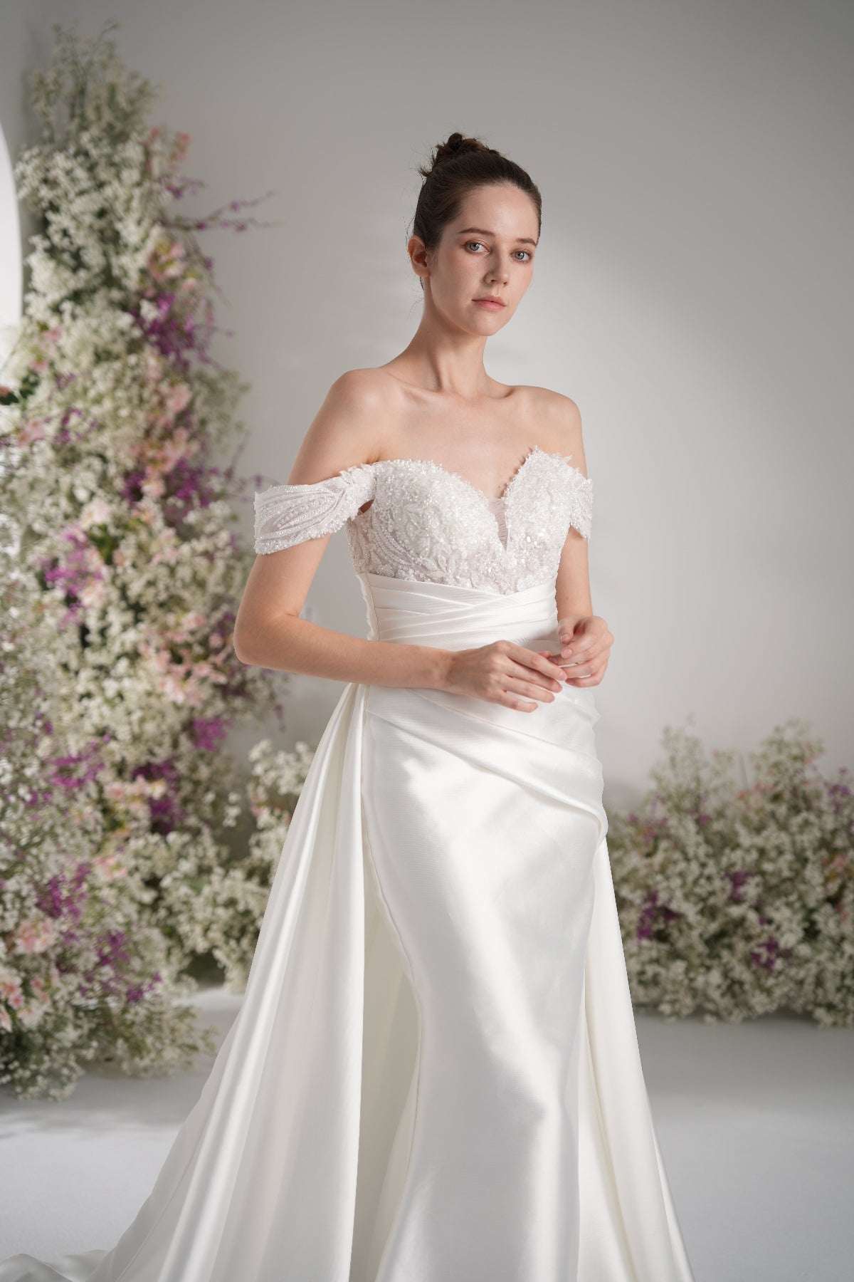 A-line Off-The-Shoulder Beading Lace Ruffles Satin Wedding Dress With Court Train