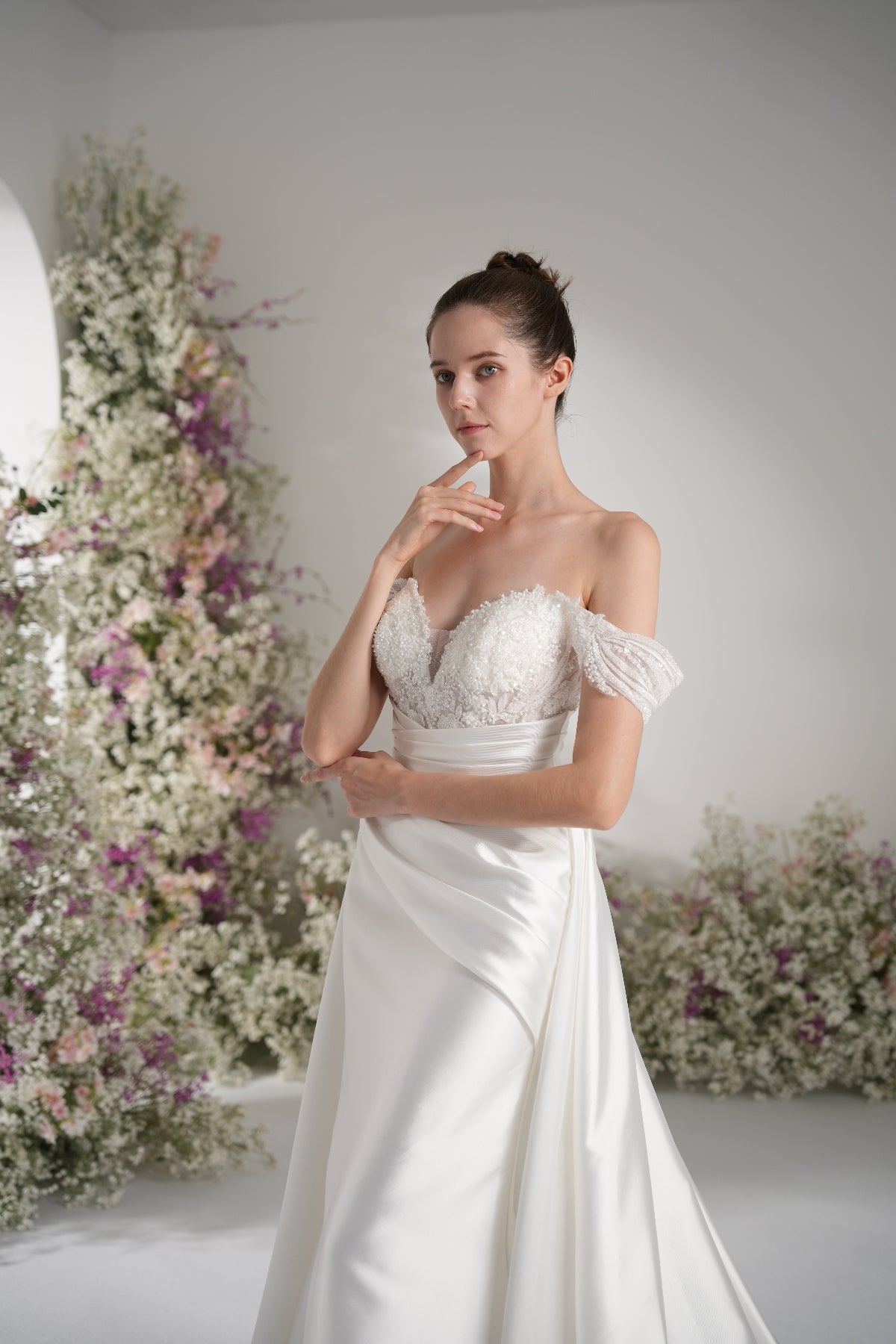 A-line Off-The-Shoulder Beading Lace Ruffles Satin Wedding Dress With Court Train