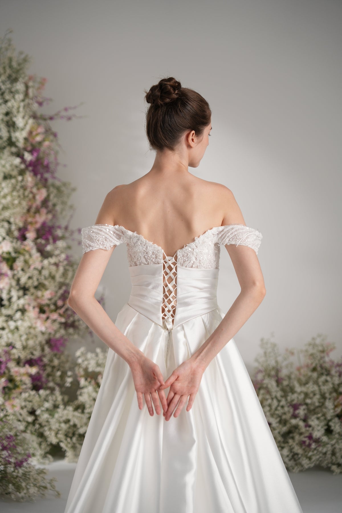 A-line Off-The-Shoulder Beading Lace Ruffles Satin Wedding Dress With Court Train