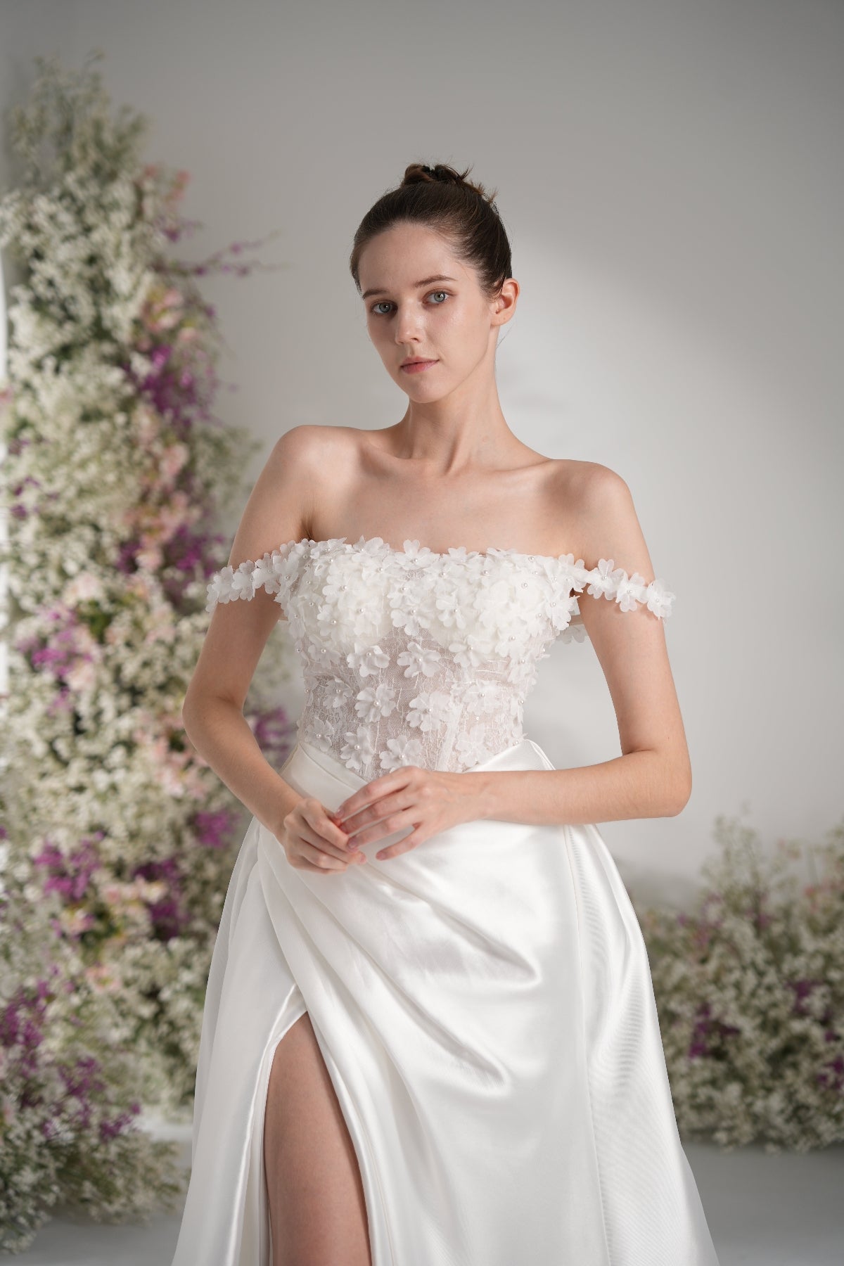 A-line Off-The-Shoulder Ruffles Appliqued Satin Wedding Dress With Court Train