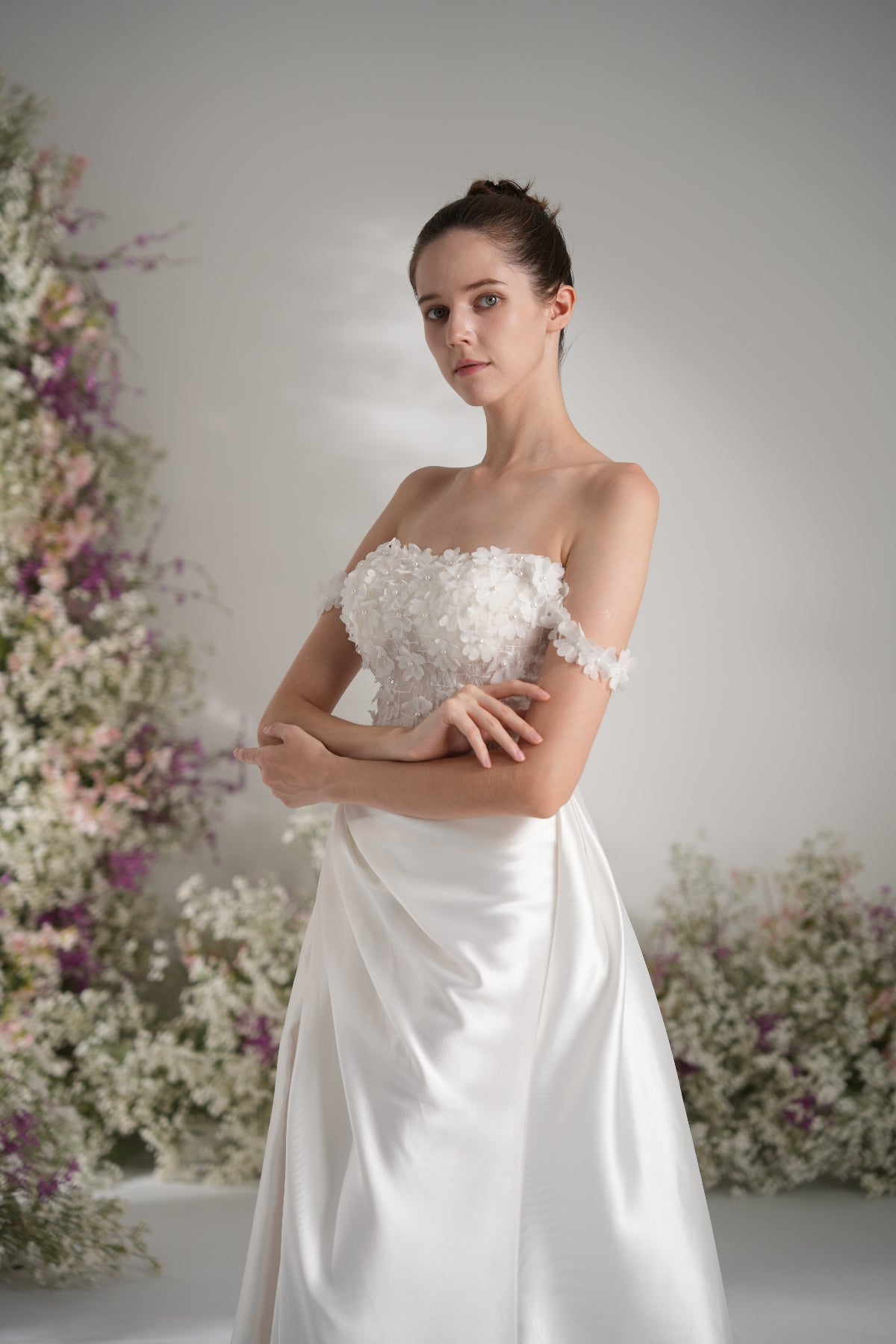 A-line Off-The-Shoulder Ruffles Appliqued Satin Wedding Dress With Court Train