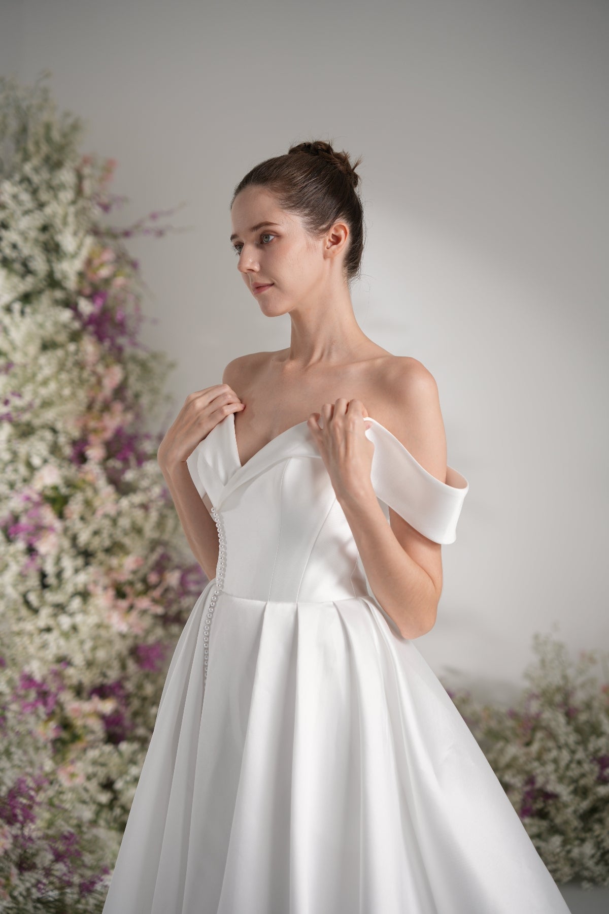 A-line Off-The-shoulder Sleeveless Satin Modest Wedding Dress With Court Train