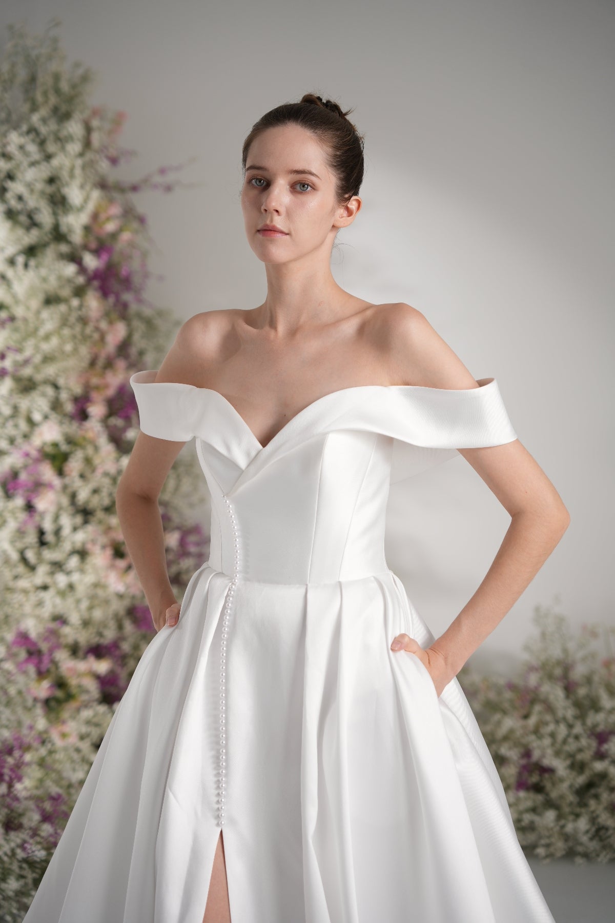 A-line Off-The-shoulder Sleeveless Satin Modest Wedding Dress With Court Train