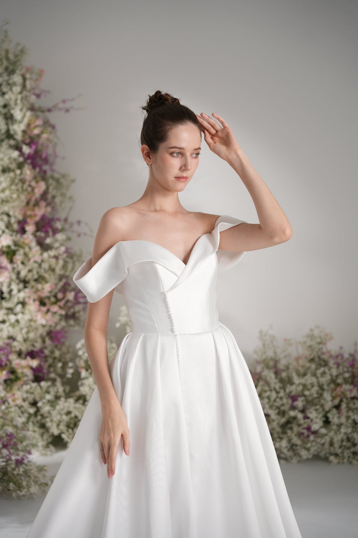 A-line Off-The-shoulder Sleeveless Satin Modest Wedding Dress With Court Train