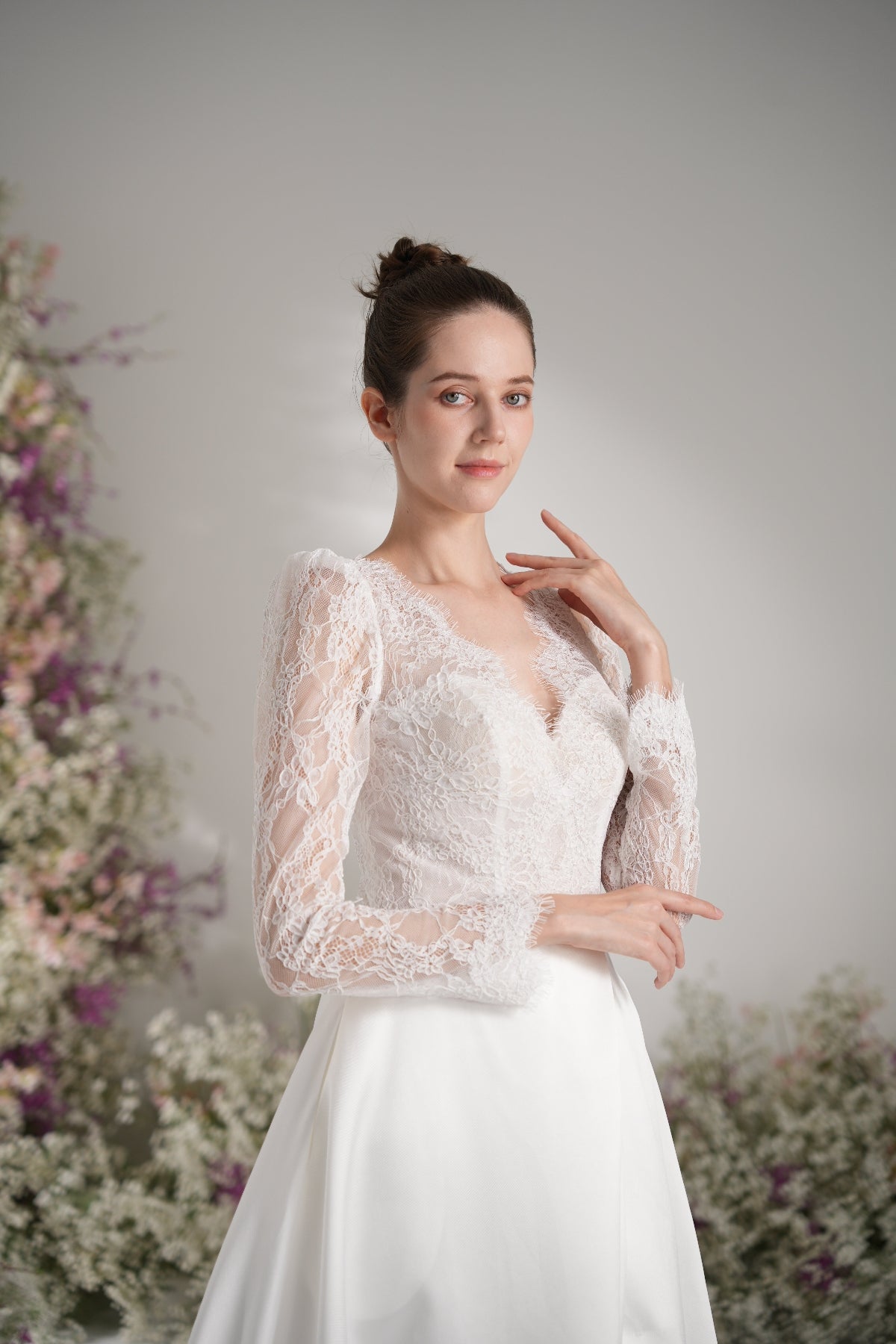 A-line Queen Anne Long Sleeve Lace High Slit Satin Elegant Wedding Dress With Court Train