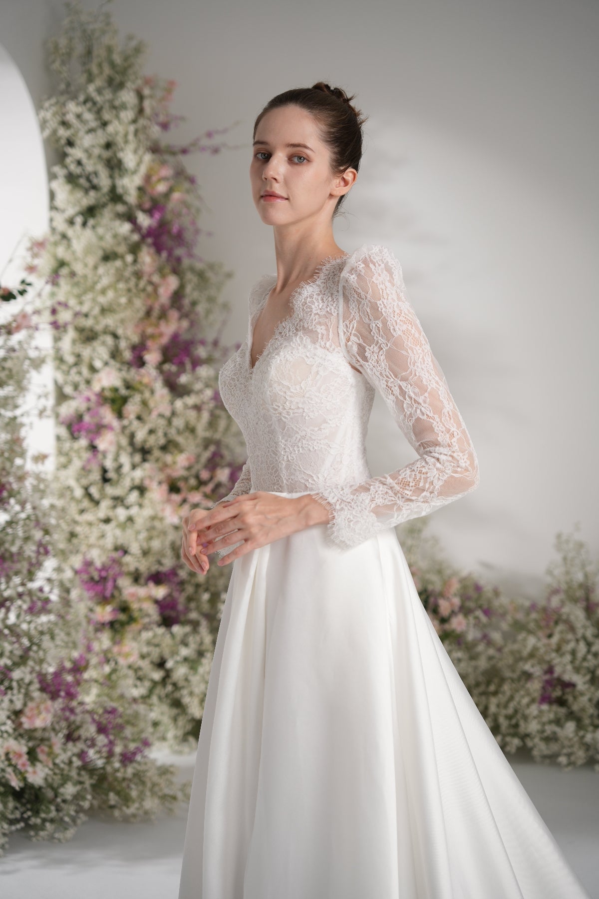 A-line Queen Anne Long Sleeve Lace High Slit Satin Elegant Wedding Dress With Court Train