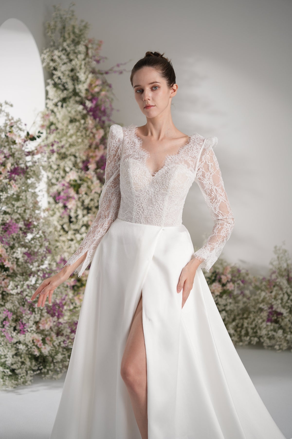 A-line Queen Anne Long Sleeve Lace High Slit Satin Elegant Wedding Dress With Court Train