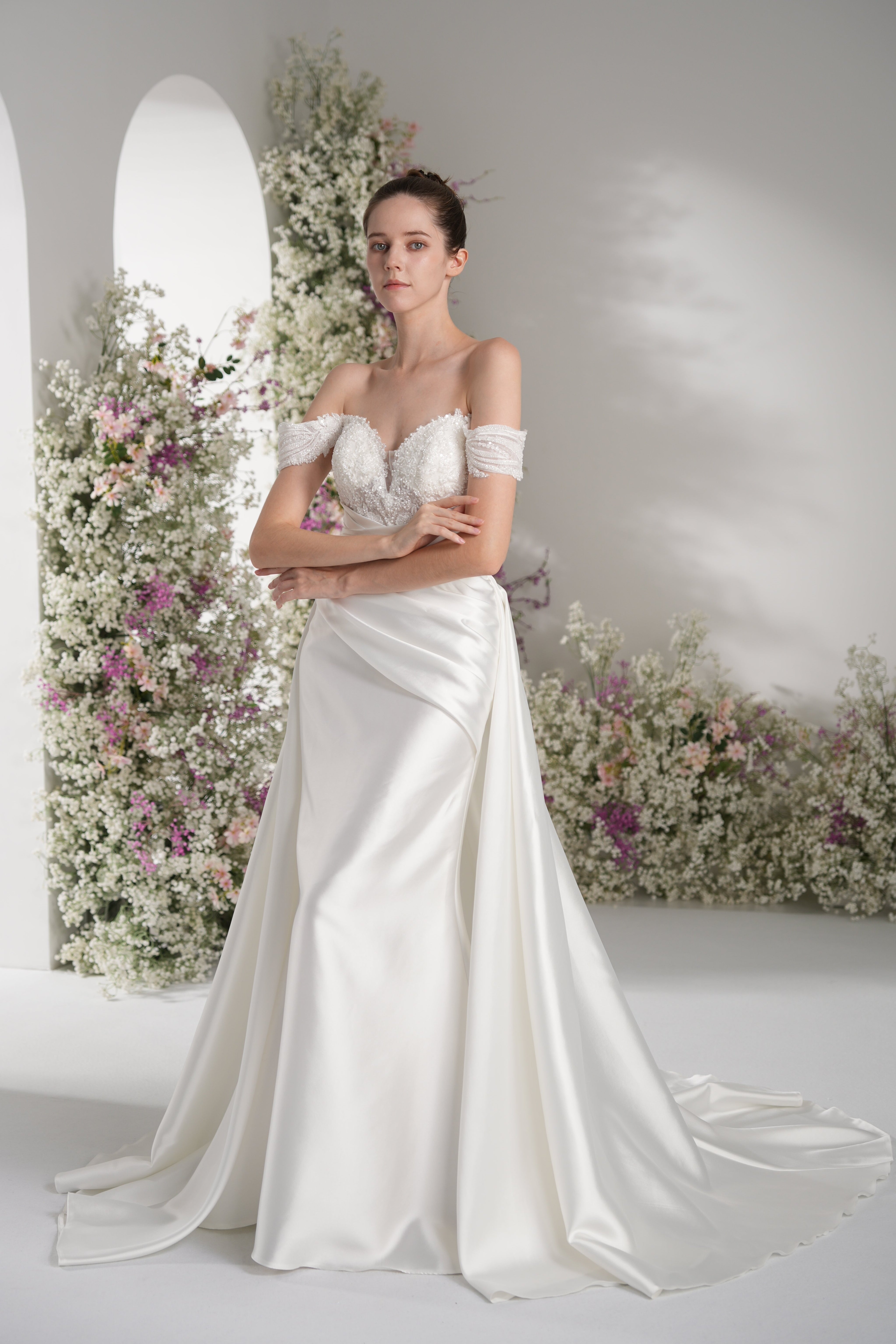 A-line Off-The-Shoulder Beading Lace Ruffles Satin Wedding Dress With Kexindaidd boutique store A-line Off-The-Shoulder Beading Lace Ruffles Satin Wedding Dress With Kexindaidd boutique store