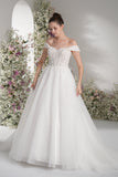 A-line Off-The-Shoulder Luxurious Lace Mesh Wedding Dress With Court Train