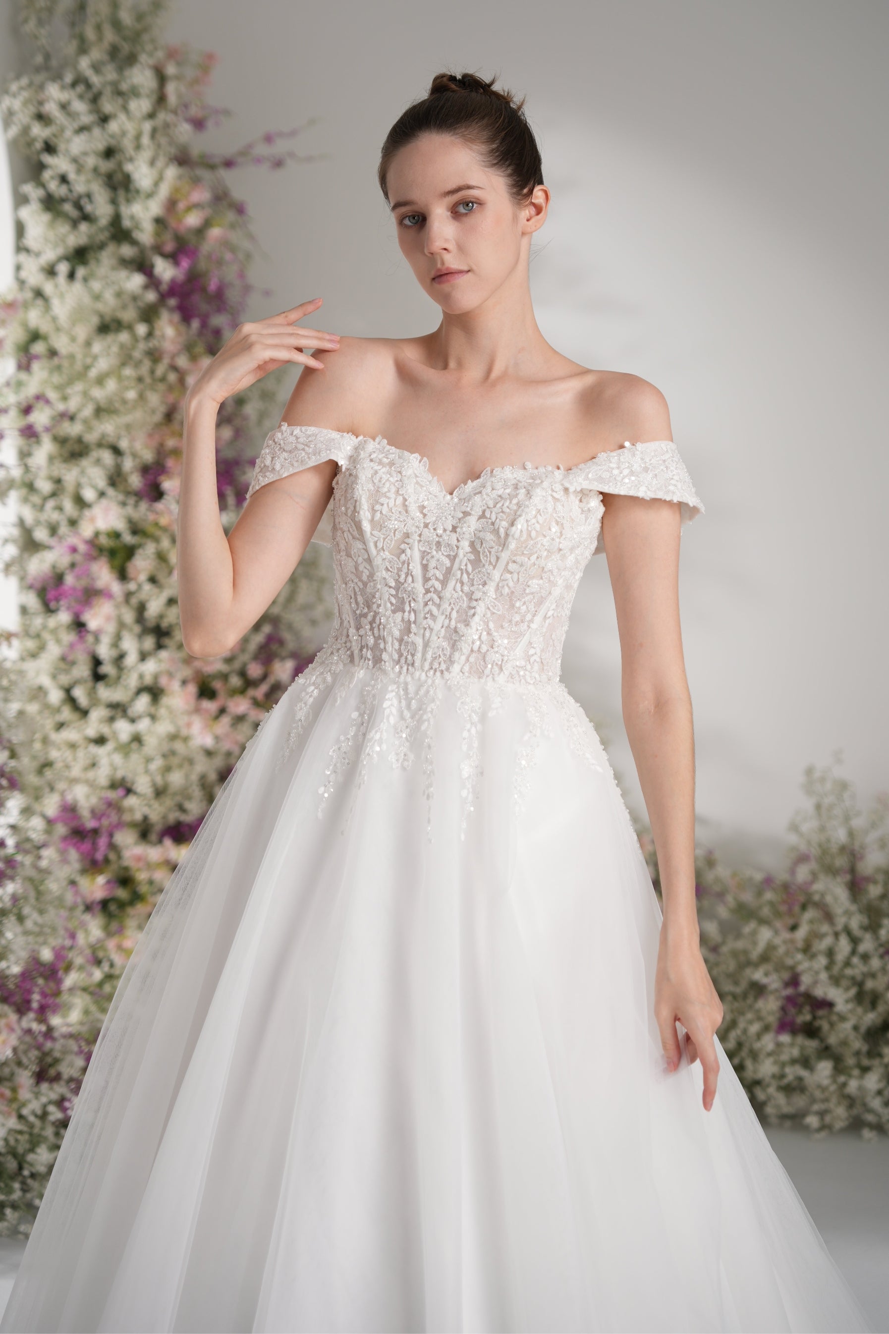 A-line Off-The-Shoulder Luxurious Lace Mesh Wedding Dress With Court Train