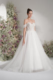 A-line Off-The-Shoulder Luxurious Lace Mesh Wedding Dress With Court Train