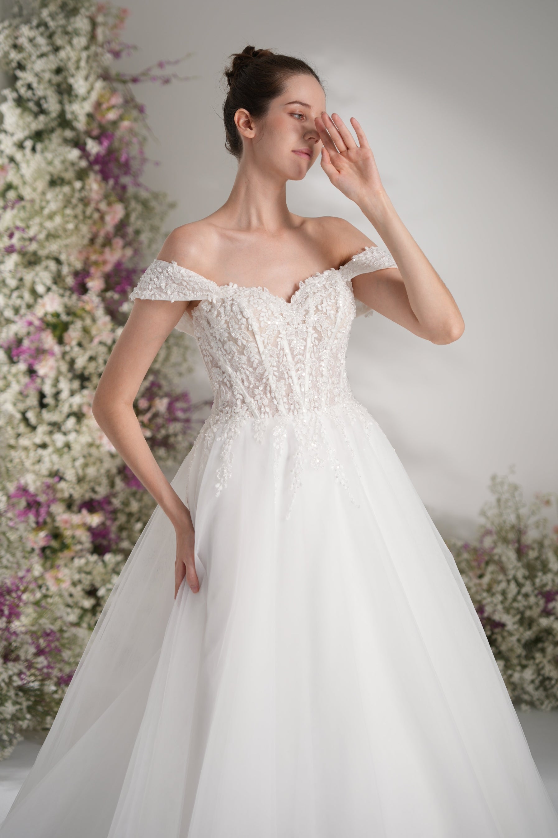 A-line Off-The-Shoulder Luxurious Lace Mesh Wedding Dress With Court Train
