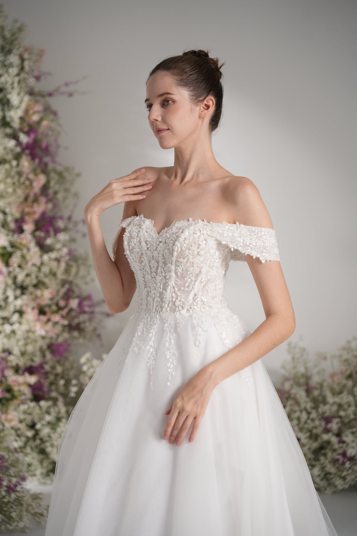 A-line Off-The-Shoulder Luxurious Lace Mesh Wedding Dress With Court Train