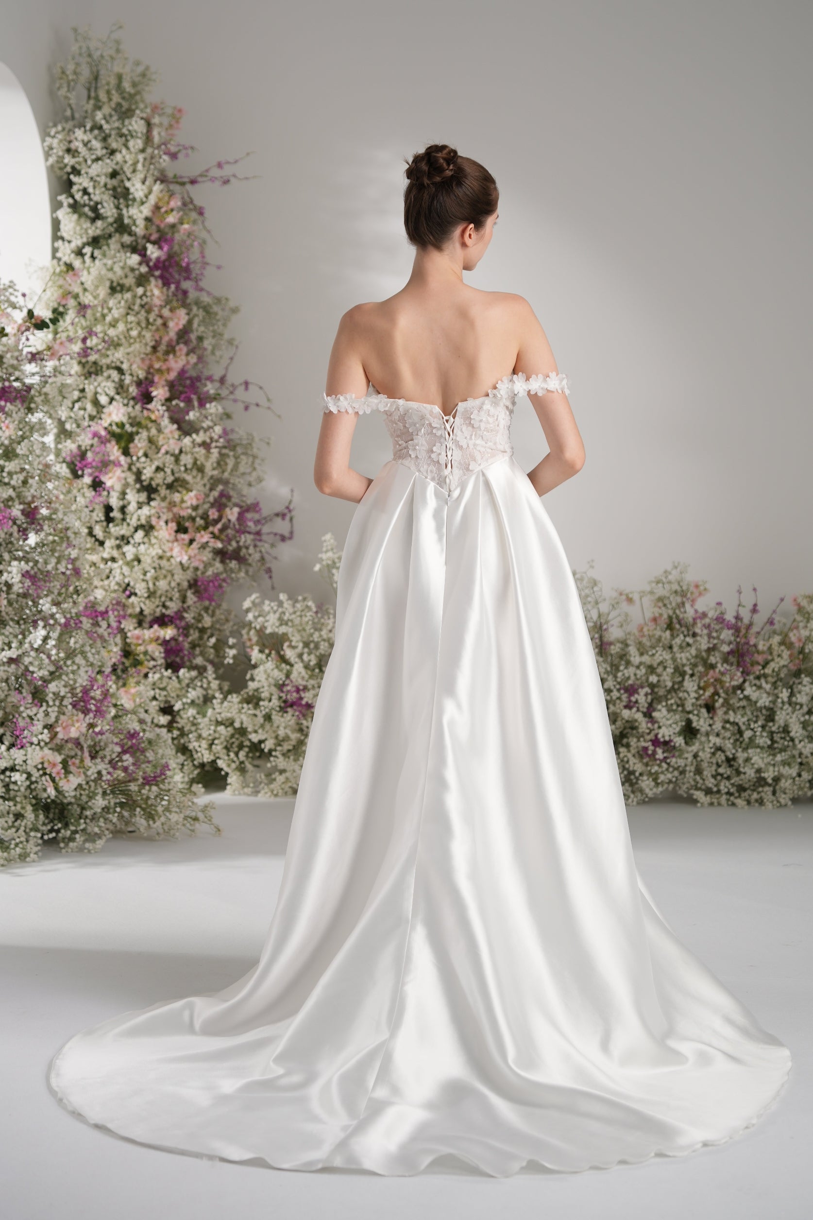 A-line Off-The-Shoulder Ruffles Appliqued Satin Wedding Dress With Court Train
