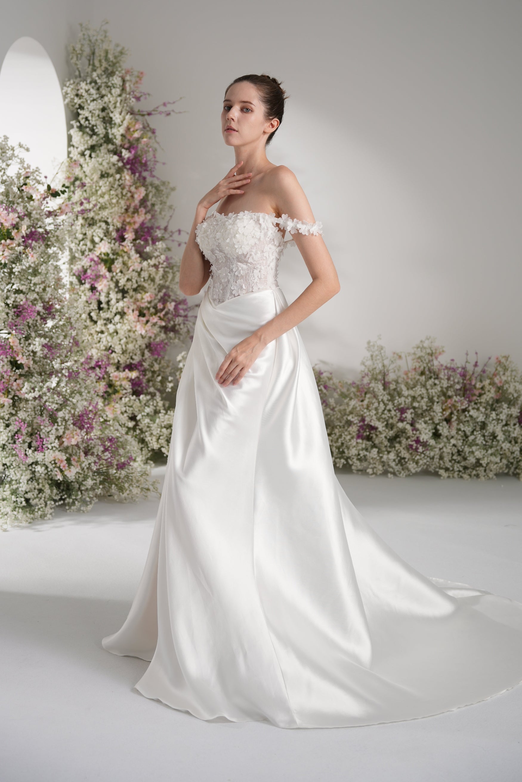 A-line Off-The-Shoulder Ruffles Appliqued Satin Wedding Dress With Court Train