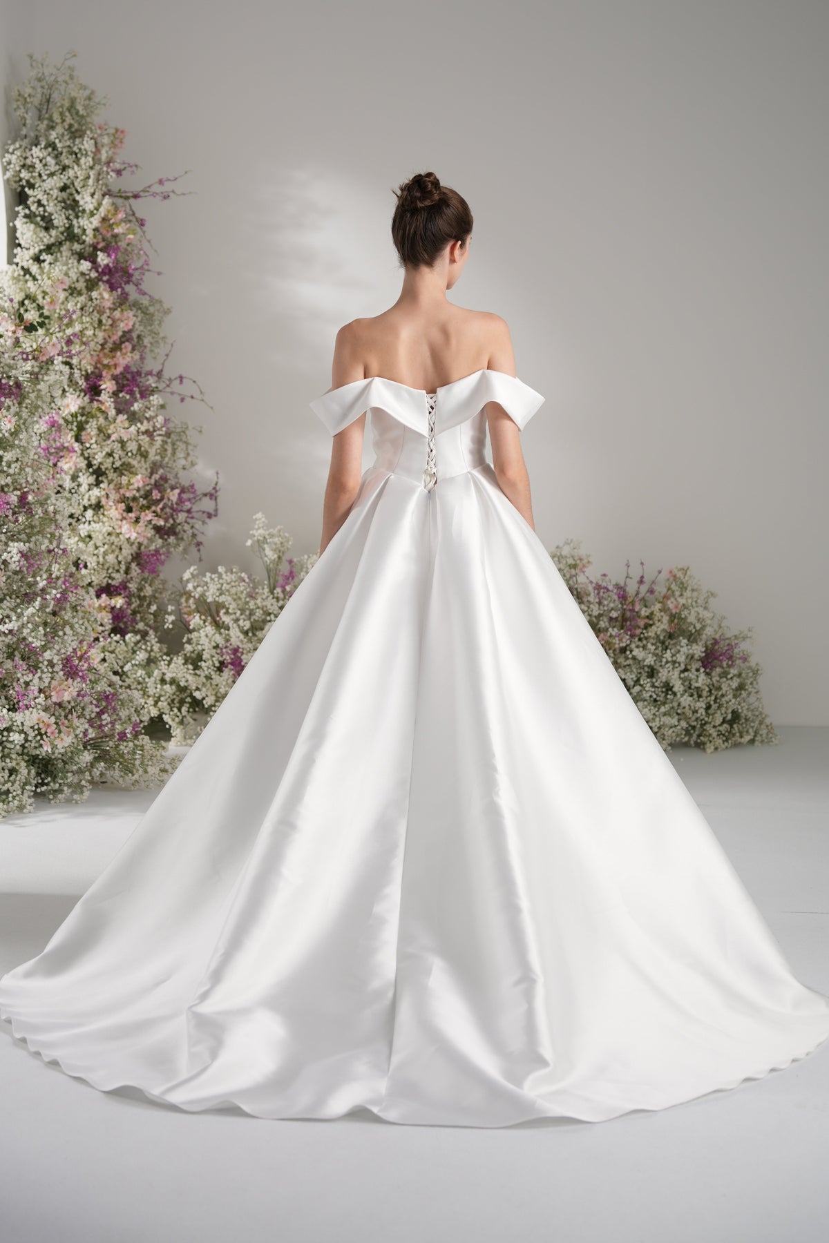 A-line Off-The-shoulder Sleeveless Satin Modest Wedding Dress With Court Train