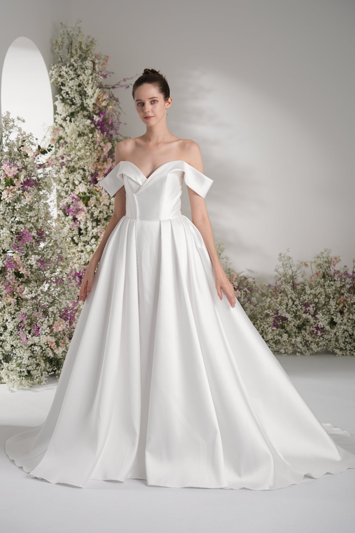 A-line Off-The-shoulder Sleeveless Satin Modest Wedding Dress With Court Train