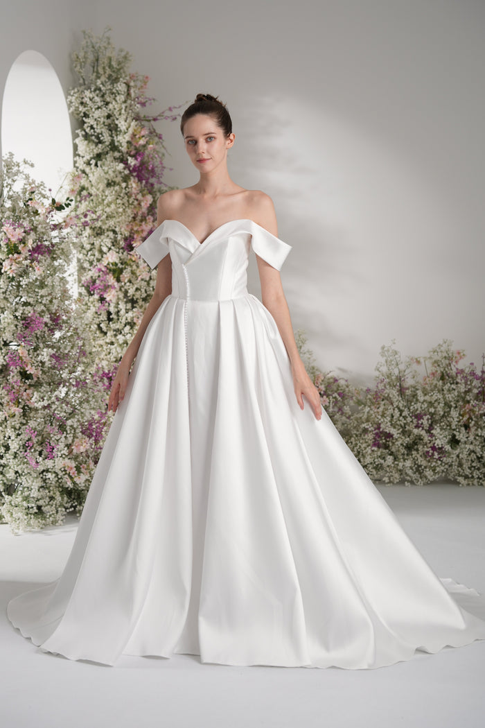 A-line Off-The-shoulder Sleeveless Satin Modest Wedding Dress With Court Train