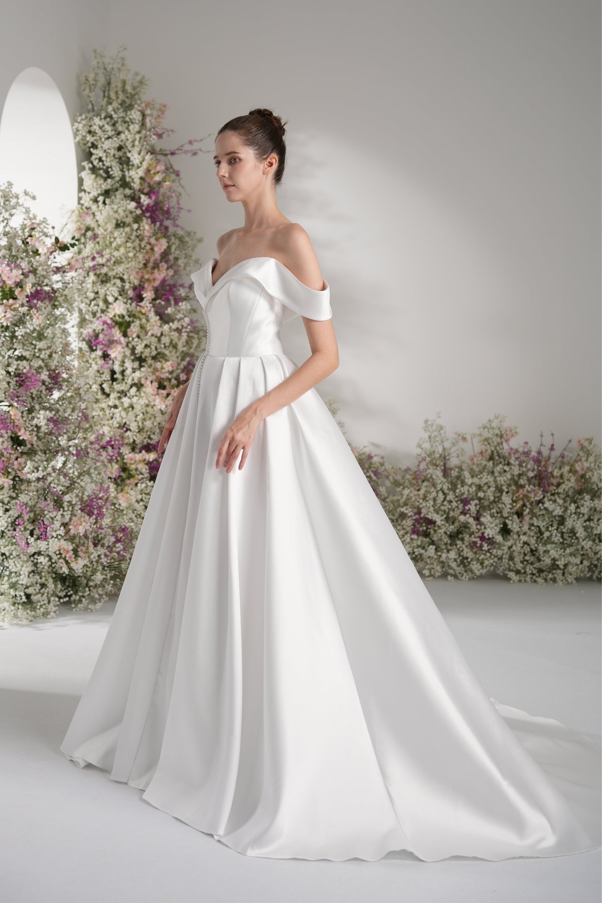 A-line Off-The-shoulder Sleeveless Satin Modest Wedding Dress With Court Train