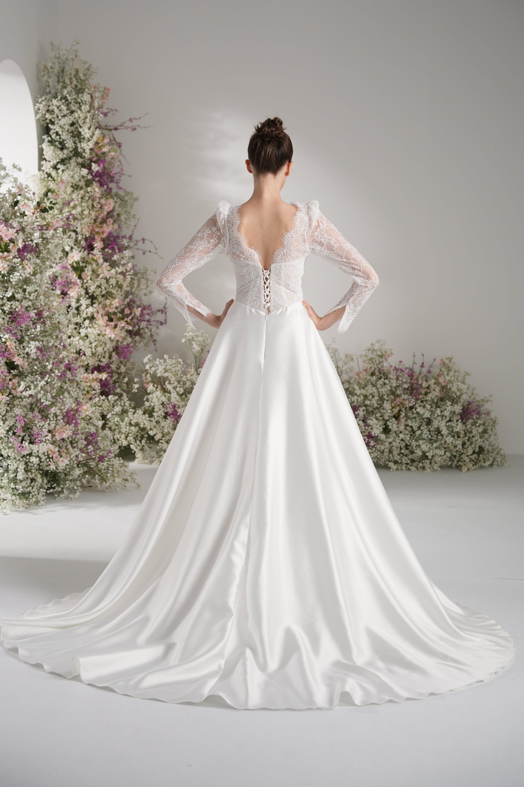 A-line Queen Anne Long Sleeve Lace High Slit Satin Elegant Wedding Dre Kexindaidd boutique store A-line Queen Anne Long Sleeve Lace High Slit Satin Elegant Wedding Dre Kexindaidd boutique store