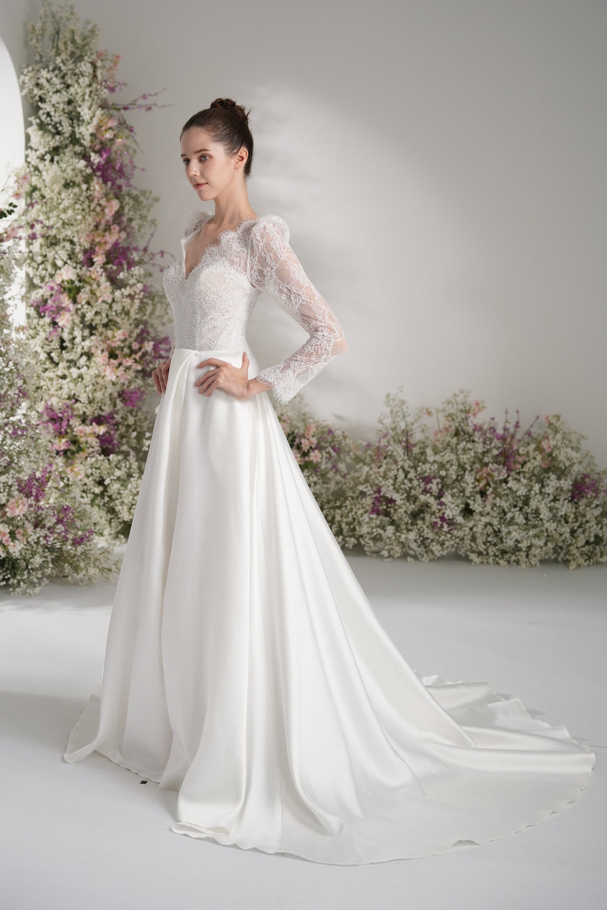 A-line Queen Anne Long Sleeve Lace High Slit Satin Elegant Wedding Dress With Court Train
