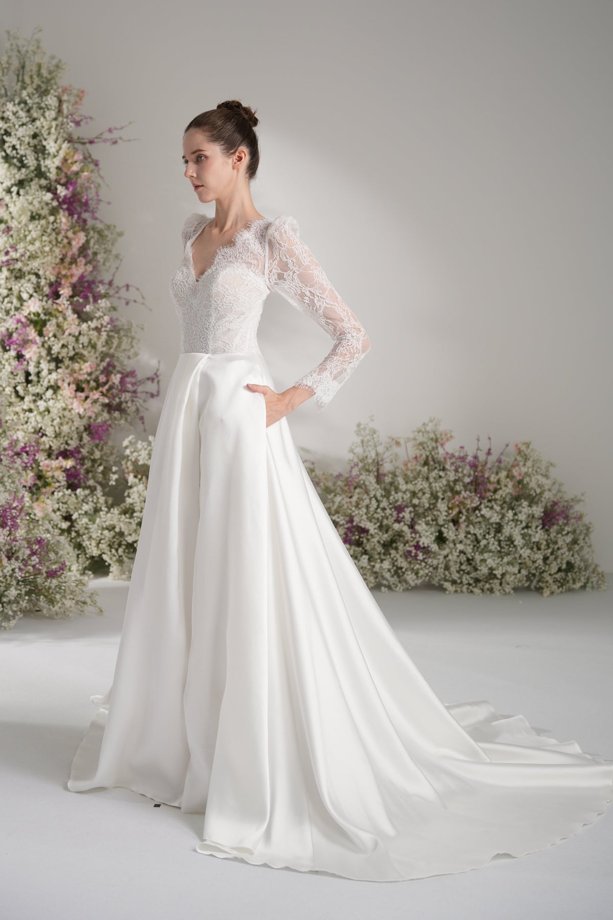 A-line Queen Anne Long Sleeve Lace High Slit Satin Elegant Wedding Dress With Court Train