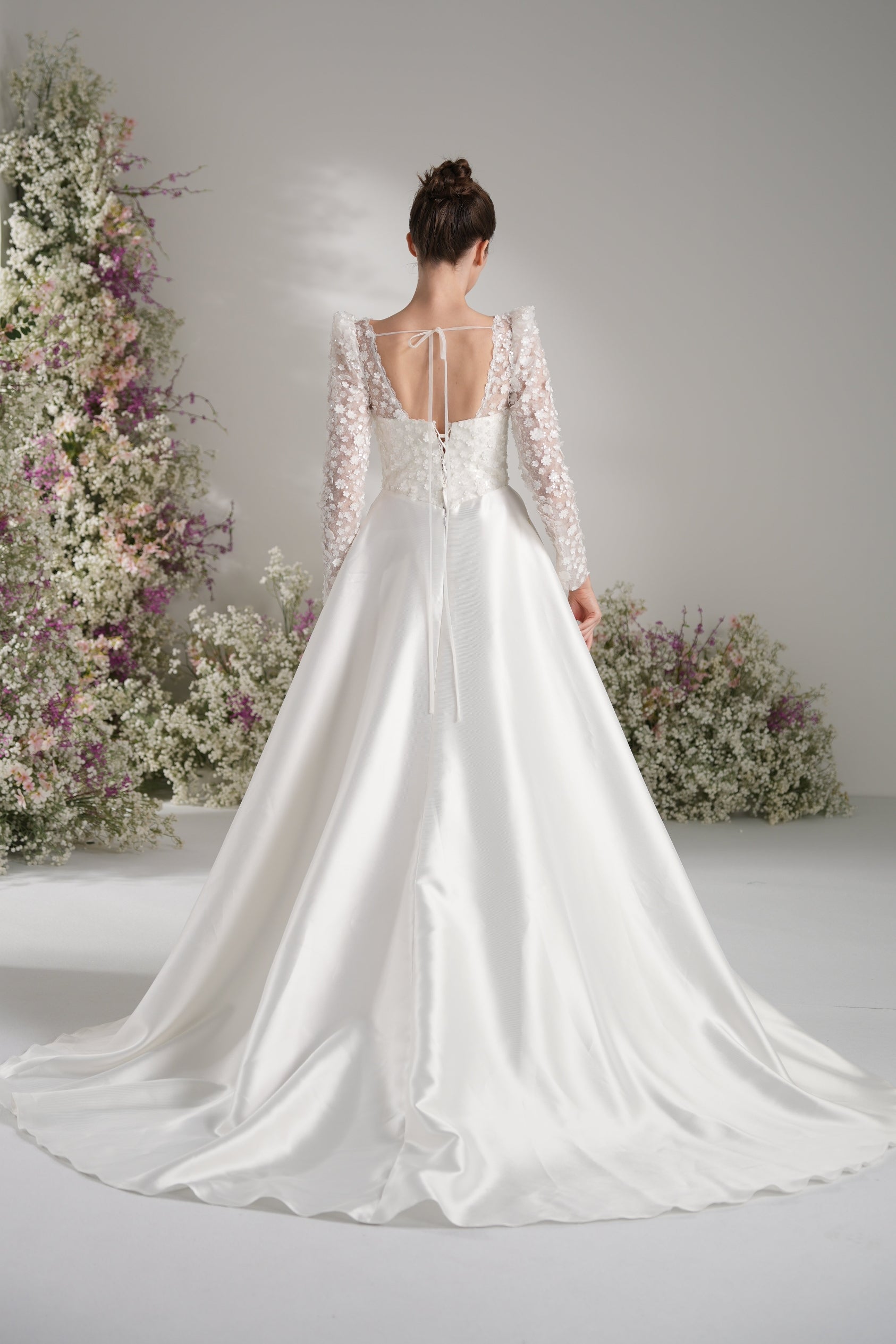 A-line Queen Neckline Long Sleeve Lace Applique Satin Wedding Dress Wi Kexindaidd boutique store A-line Queen Neckline Long Sleeve Lace Applique Satin Wedding Dress Wi Kexindaidd boutique store