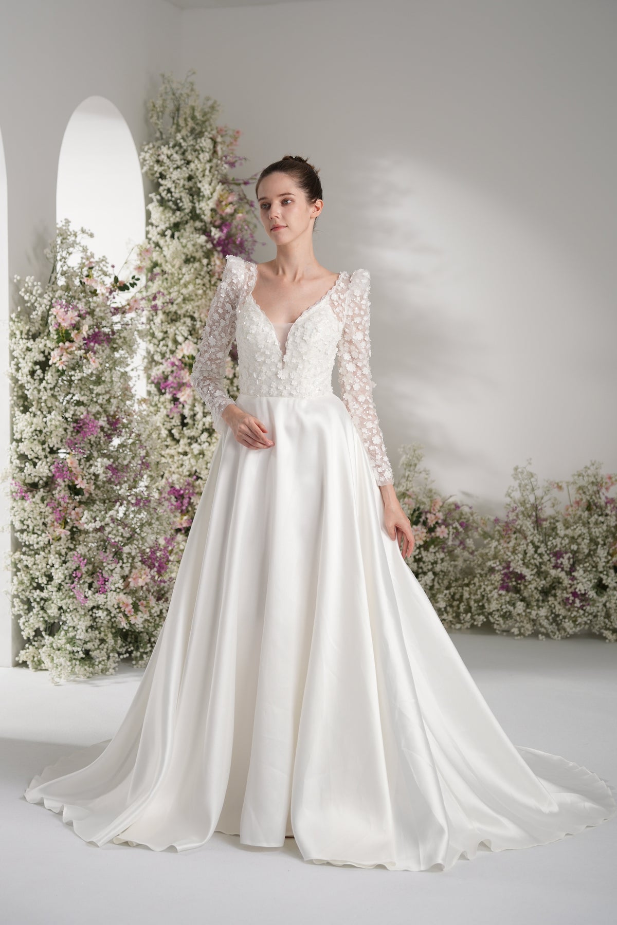 A-line Queen Neckline Long Sleeve Lace Applique Satin Wedding Dress With Court Train