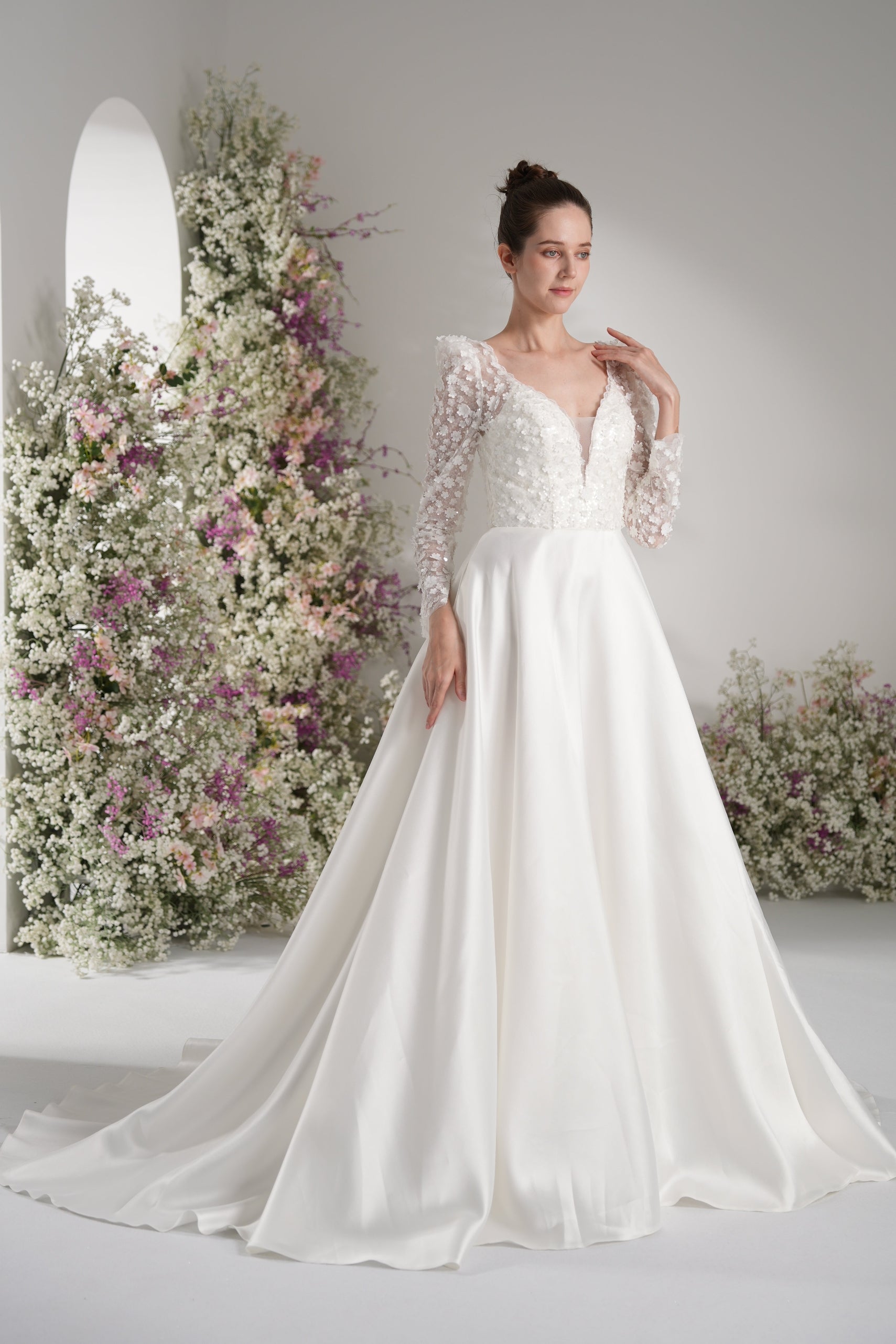 A-line Queen Neckline Long Sleeve Lace Applique Satin Wedding Dress Wi Kexindaidd boutique store A-line Queen Neckline Long Sleeve Lace Applique Satin Wedding Dress Wi Kexindaidd boutique store