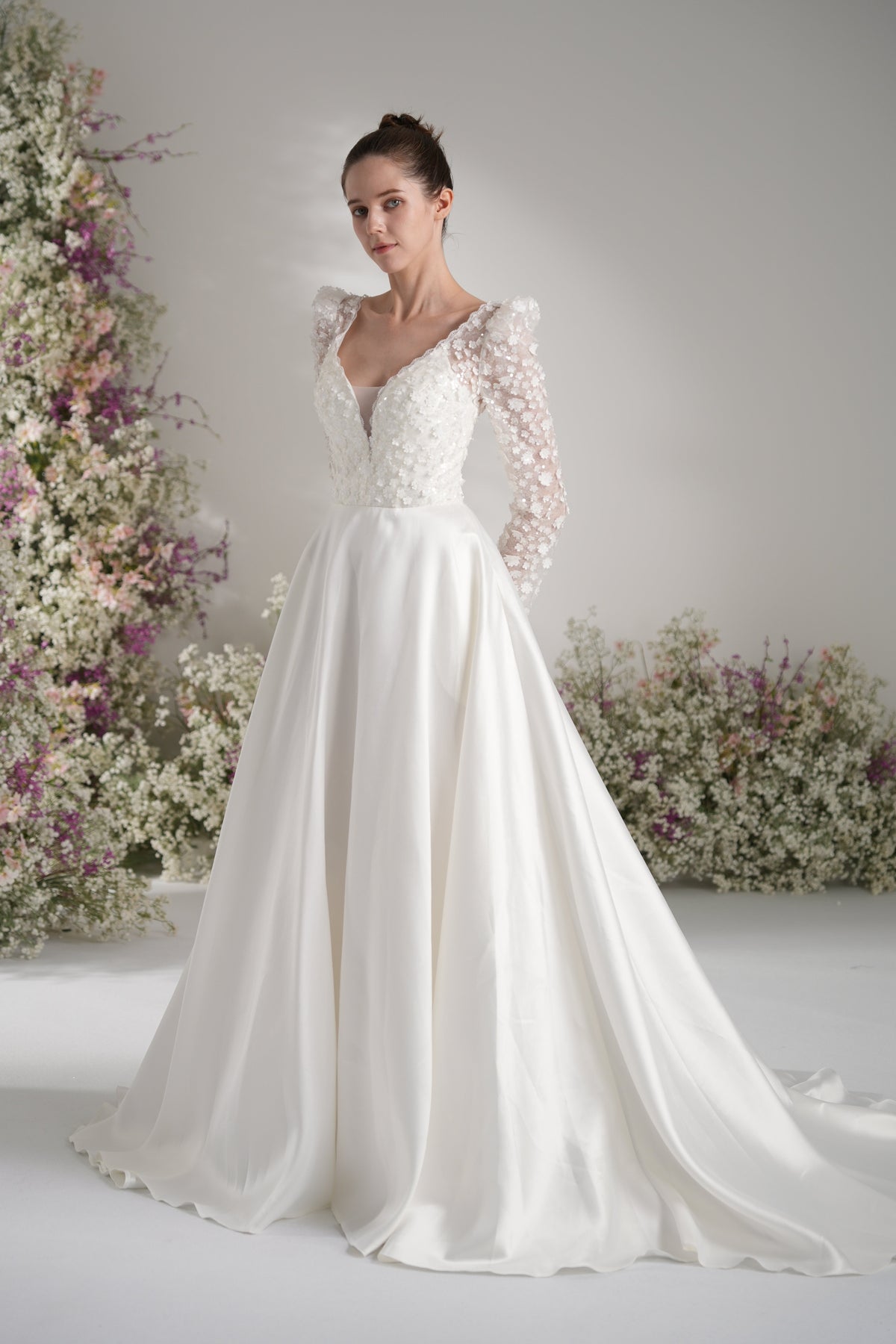 A-line Queen Neckline Long Sleeve Lace Applique Satin Wedding Dress With Court Train