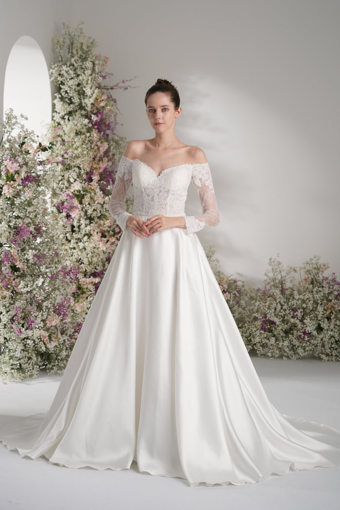 A-line Sweetheart Long Sleeve Lace Satin Elegant Wedding Dress With Court Train