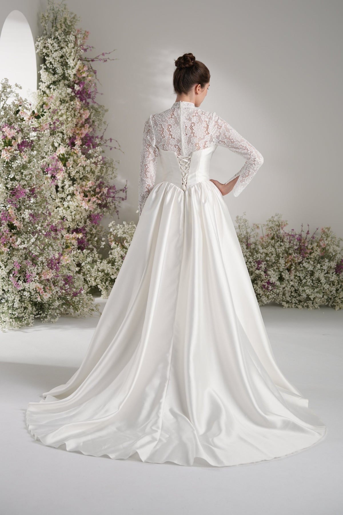 A-line Sweetheart Ruche Lace Modest Wedding Dress With Court Train
