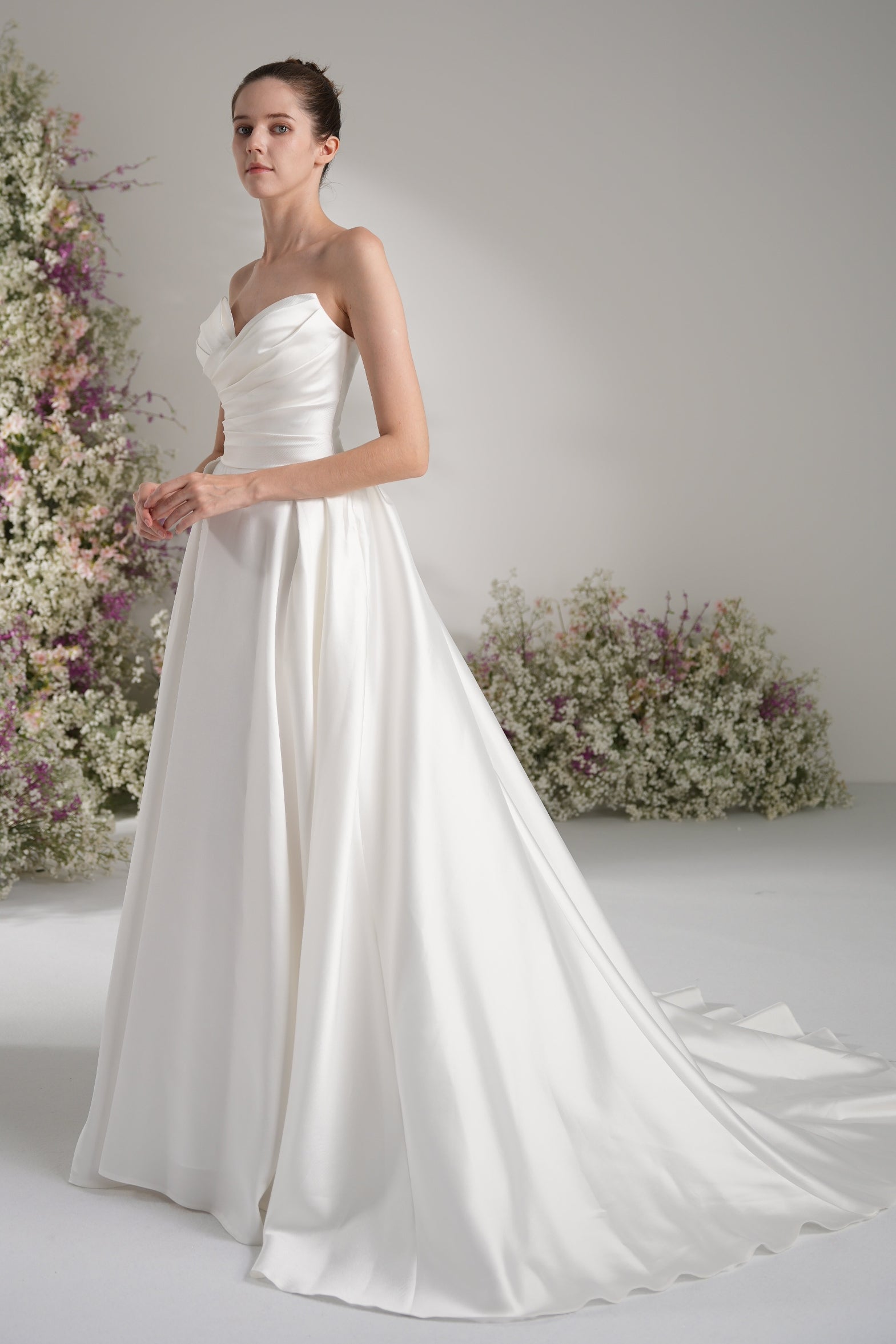 A-line Sweetheart Ruche Lace Modest Wedding Dress With Court Train