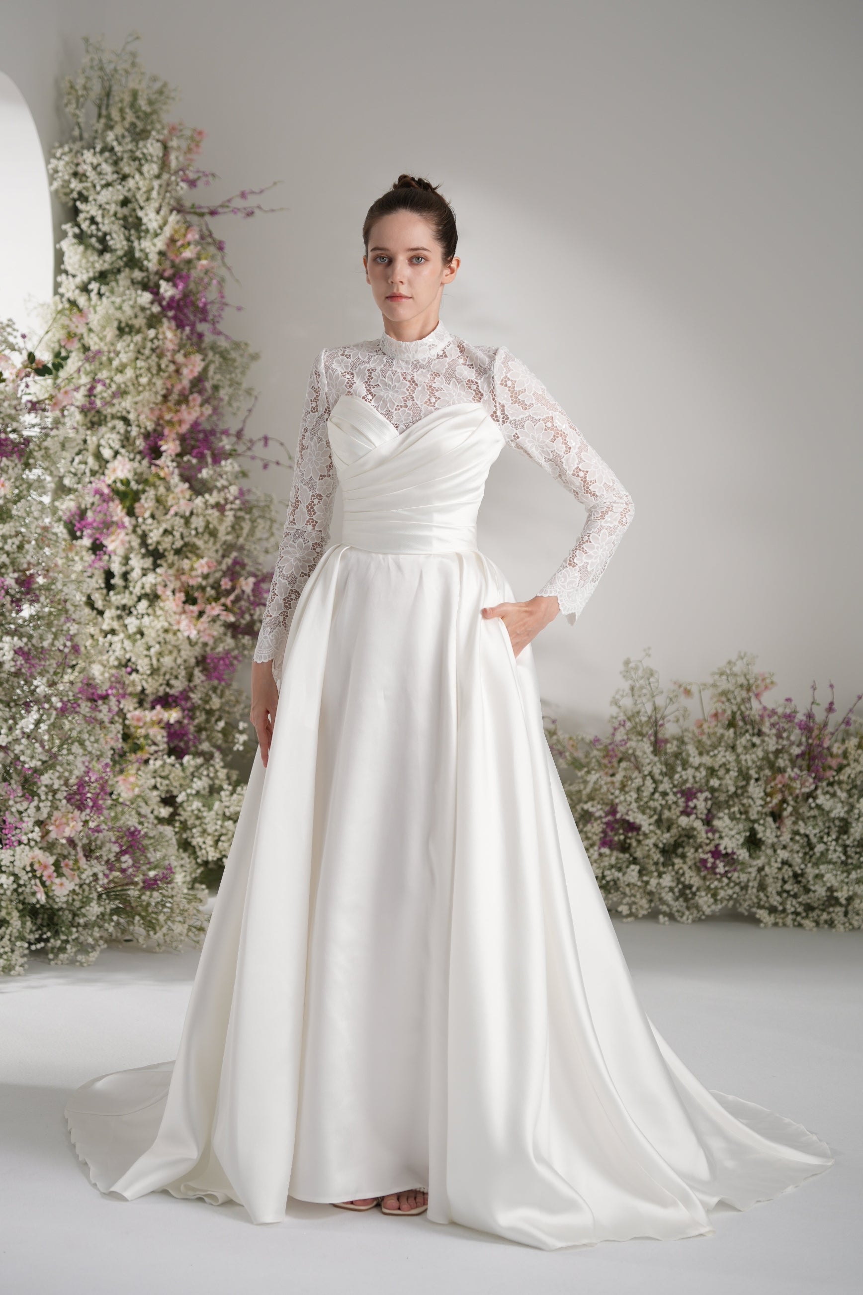 A-line Sweetheart Ruche Lace Modest Wedding Dress With Court Train
