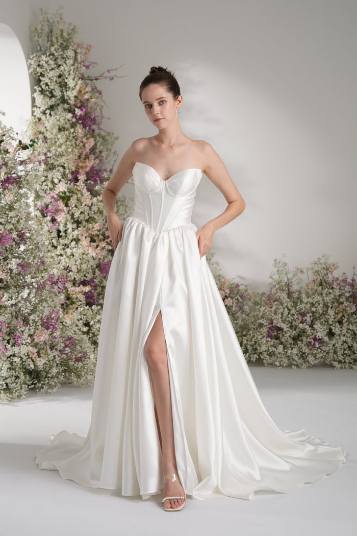 A-line Sweetheart Sleeveless High Slit  Satin Modest Wedding Dress With Court Train