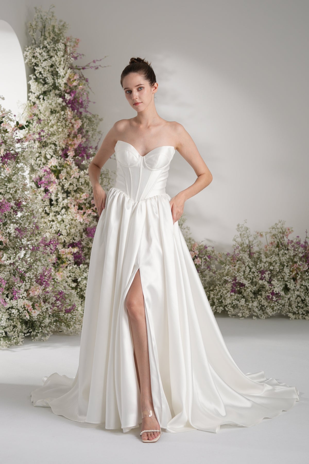 A-line Sweetheart Sleeveless High Slit  Satin Modest Wedding Dress With Court Train