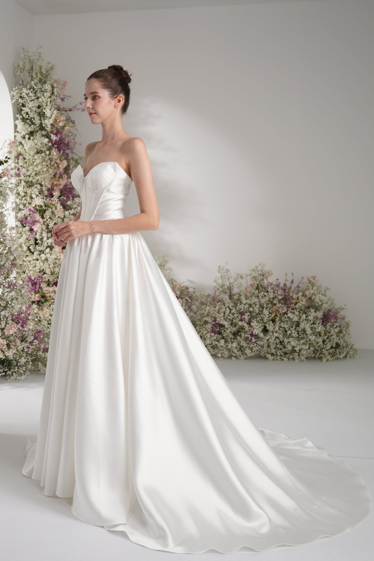 A-line Sweetheart Sleeveless High Slit  Satin Modest Wedding Dress With Court Train