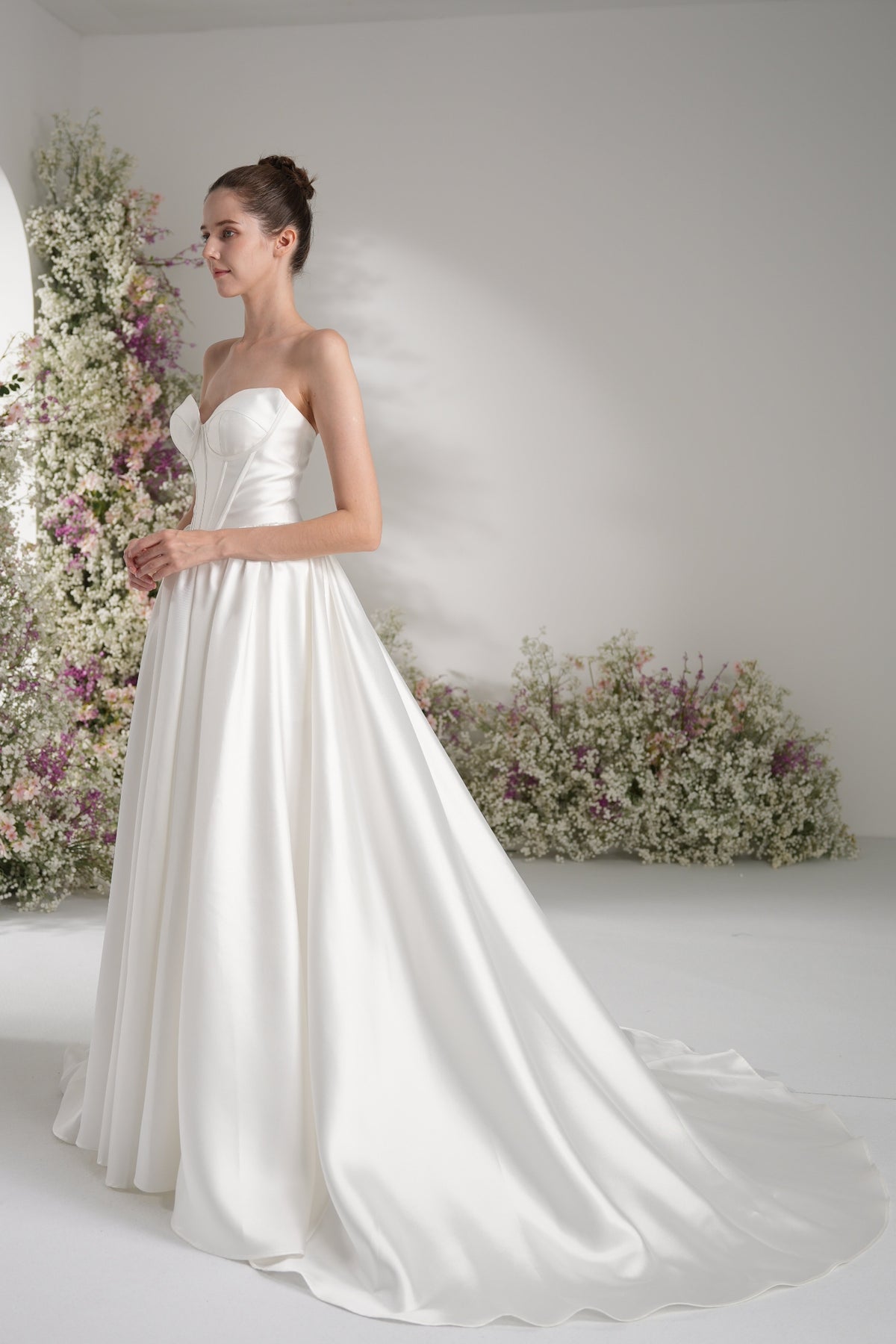 A-line Sweetheart Sleeveless High Slit  Satin Modest Wedding Dress With Court Train