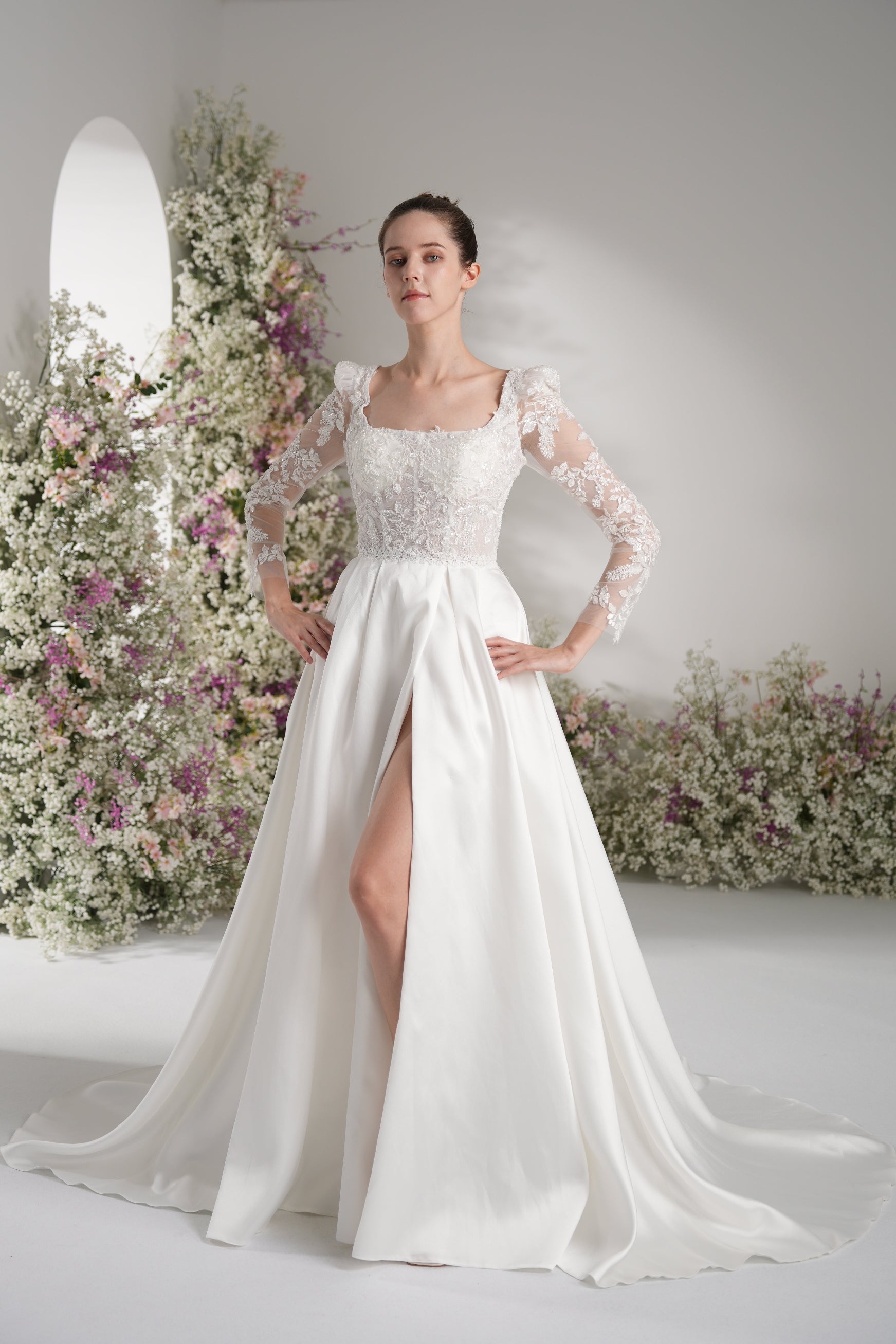 A-line Tank Top Long Sleeve Beading Lace Satin Elegant Wedding Dress With Court Train