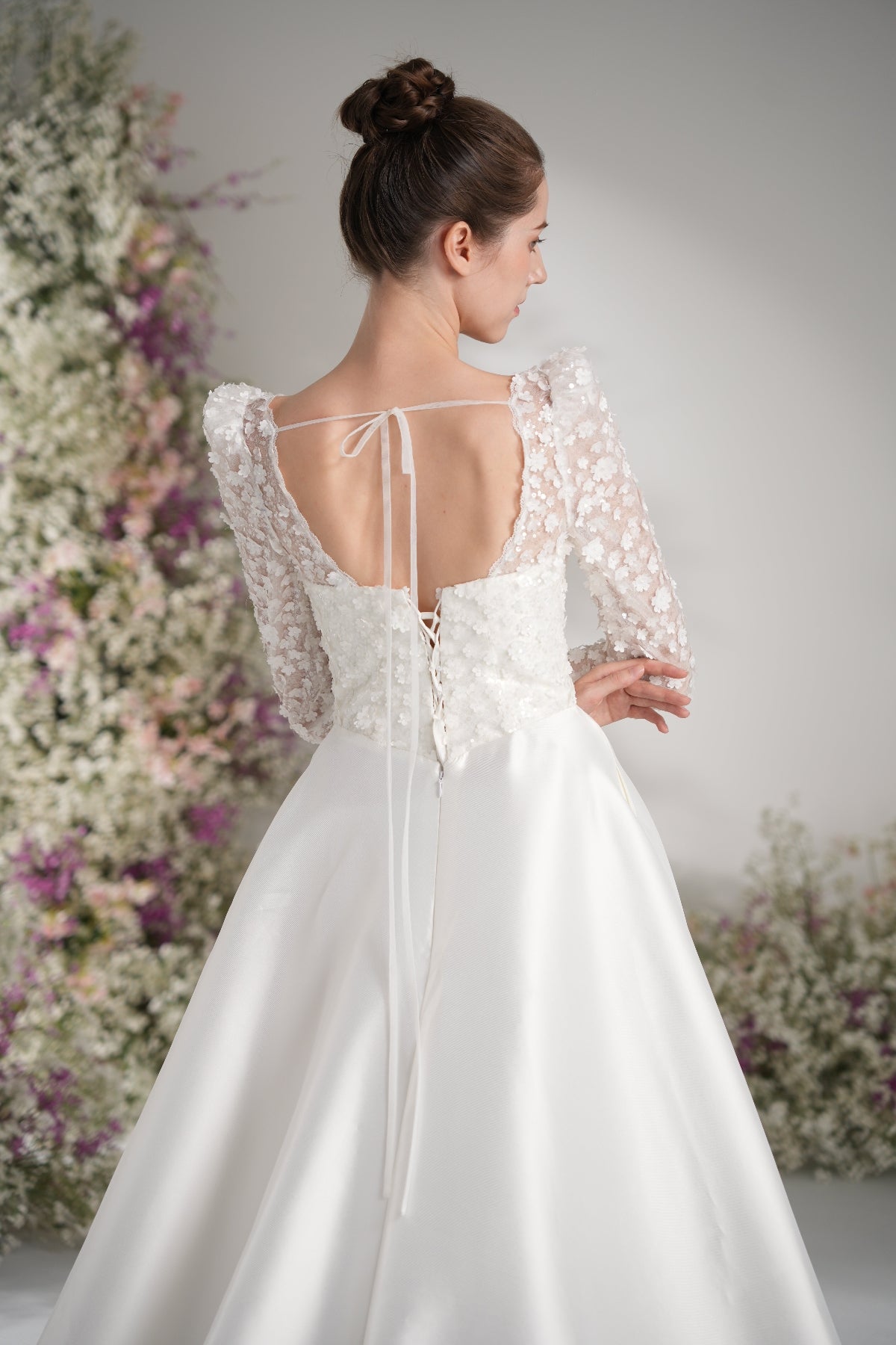 A-line Queen Neckline Long Sleeve Lace Applique Satin Wedding Dress With Court Train