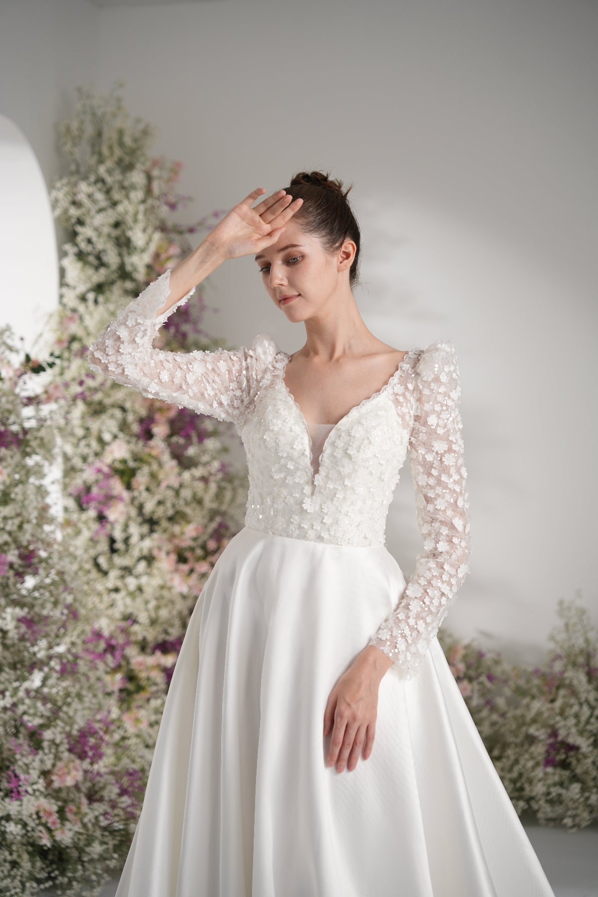 A-line Queen Neckline Long Sleeve Lace Applique Satin Wedding Dress With Court Train
