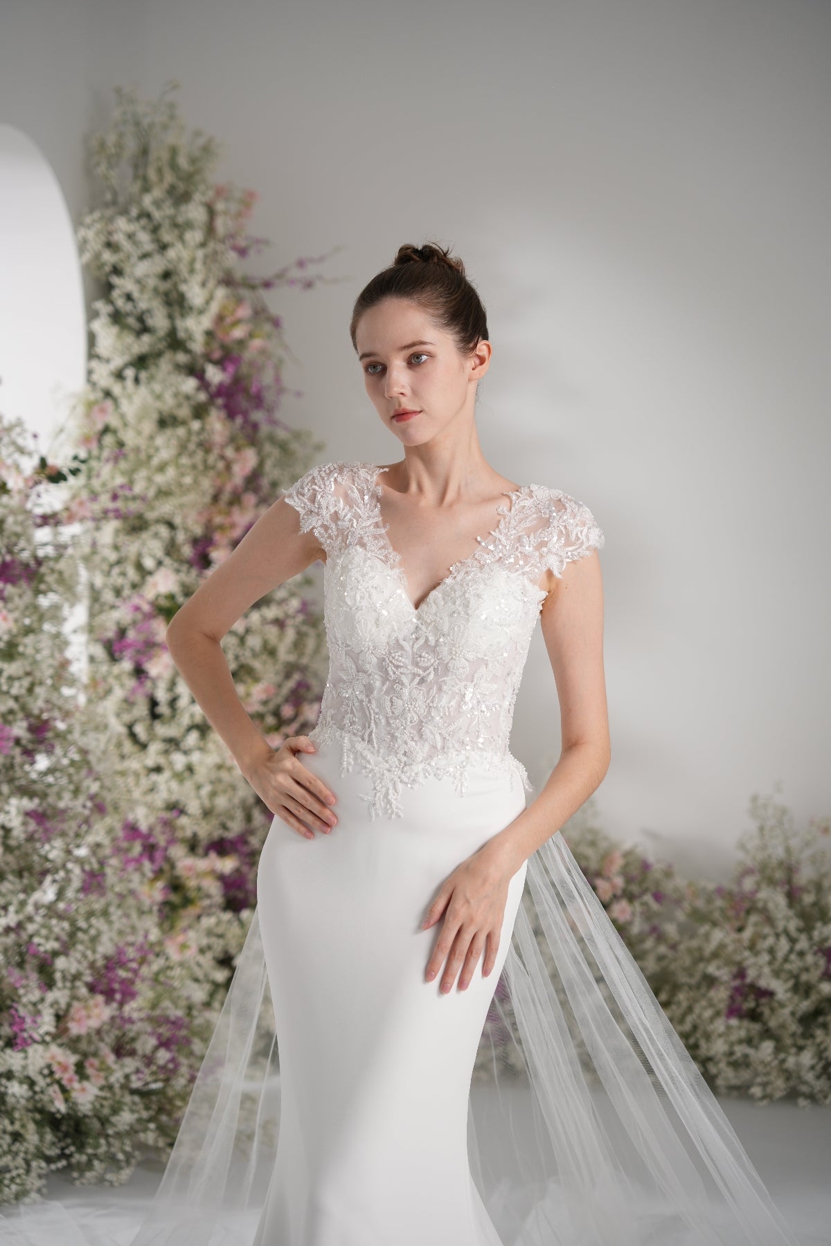 Trumpet/Mermaid V-neck sleeveless beading lace cape wedding dress  With Court Train