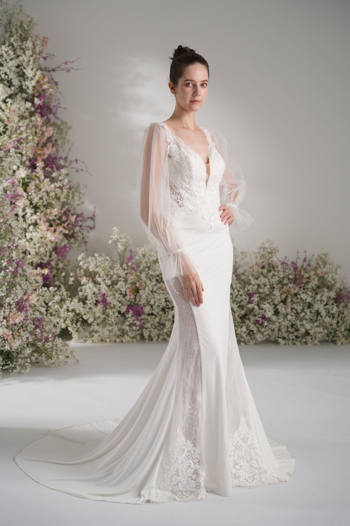 Trumpet/Mermaid Deep V Neck Long Sleeve Full Lace Sexy Bridal Wedding Dress with Court Train