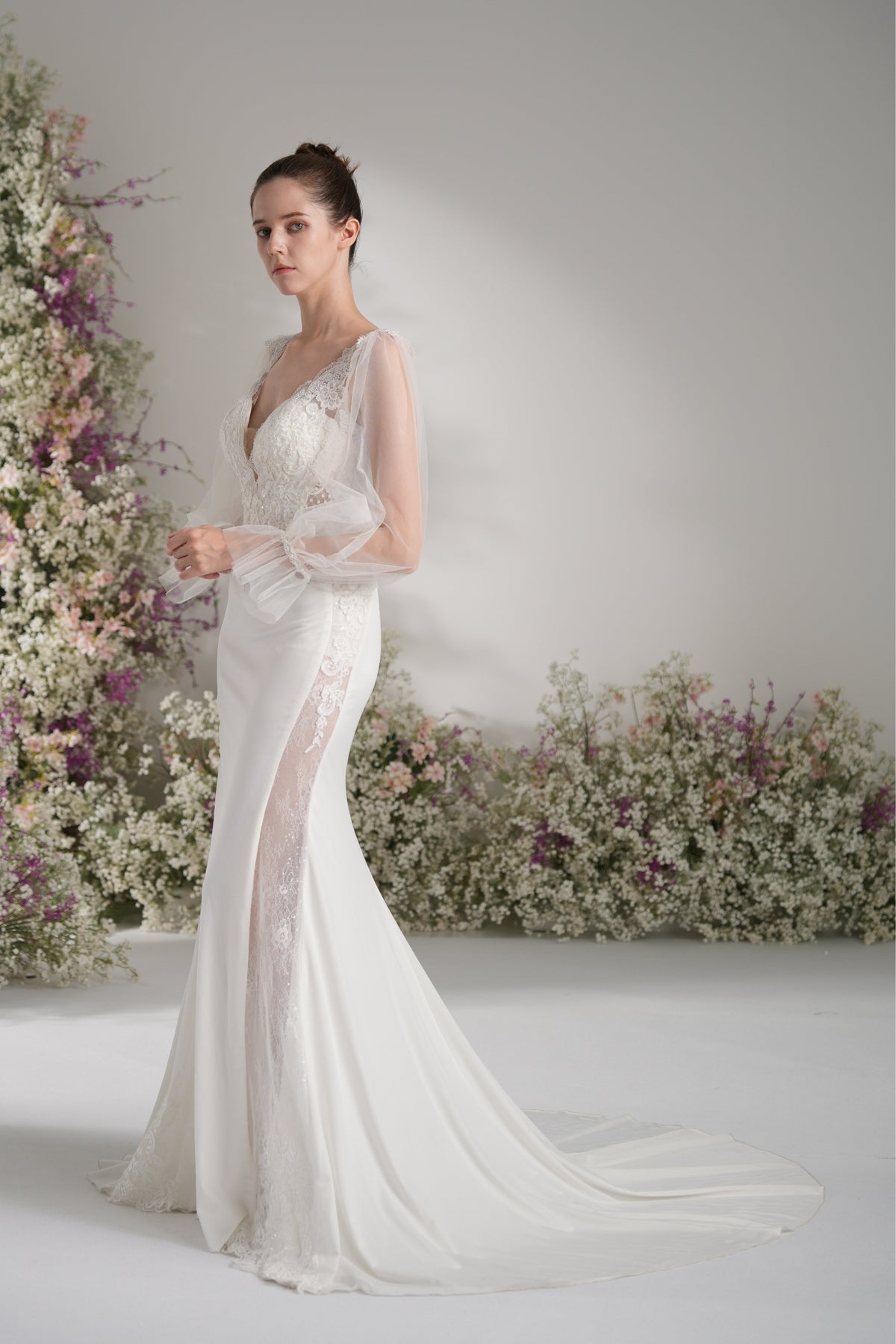 Trumpet/Mermaid Deep V Neck Long Sleeve Full Lace Sexy Bridal Wedding Dress with Court Train