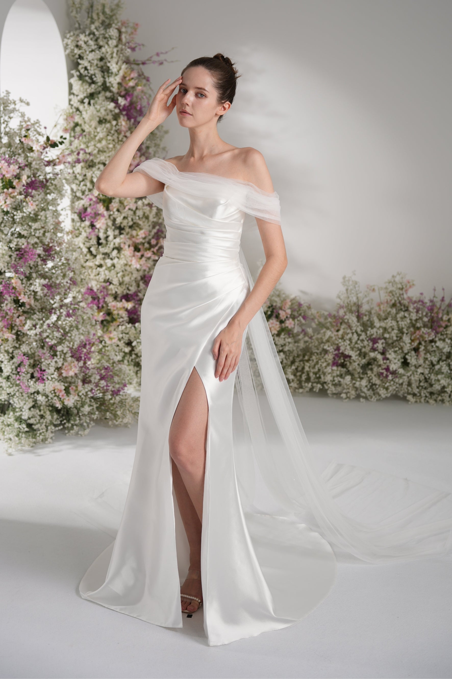 Trumpet/Mermaid Off-The-Shoulder Cape Ruffled Tulle Satin Wedding Dress With Court Train